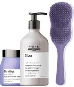 L'Oréal Professionnel Silver šampon 500ml + maska Blondifier 500ml + kartáč My-She ChordBrush Purple