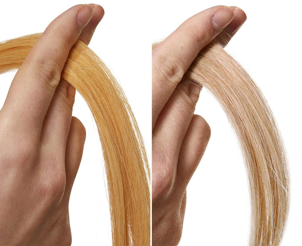 Porovnání žlutého blond odstínu před neutralizací a studenějšího výsledku po použití fialového šamponu na vlasy