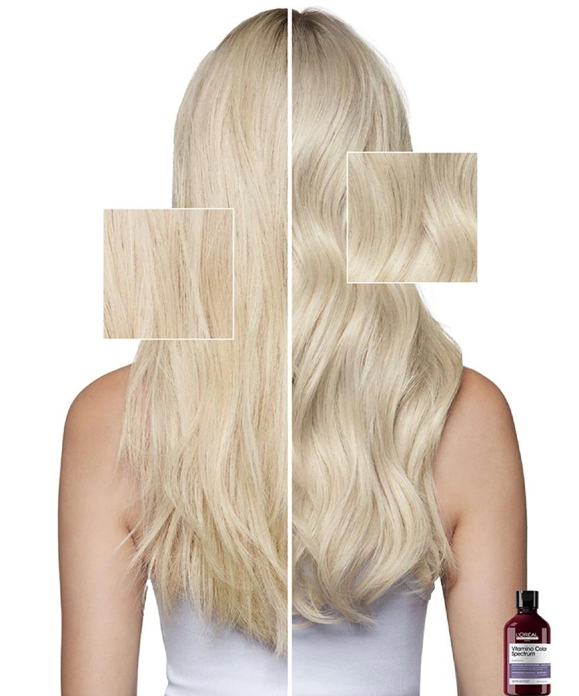 Porovnání blond vlasů před a po použití fialového šamponu L'Oréal pro neutralizaci žlutých tónů